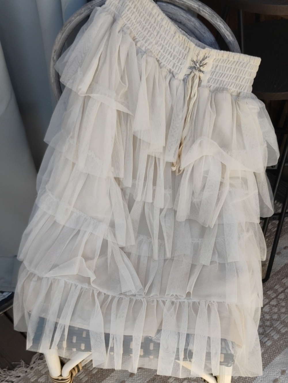 Fun Ivory Tiered Tulle Midi Skirt with Elastic Waist